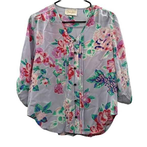 Yumi Kim Silk Light Purple Lilac & Pink Floral Print Button Down Top Size XS - Picture 1 of 8